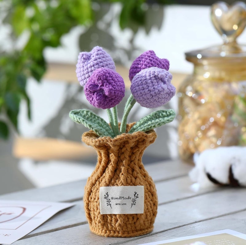YOOJEE Christmas Crochet Flower Pot Stocking Stuffers Basket Gifts Coworker Birthday Wedding Handmade Knitted Purple Tulip Potted Plant for Mom Women Sister Teacher Home Holiday Cute Desk Decor - Image 2